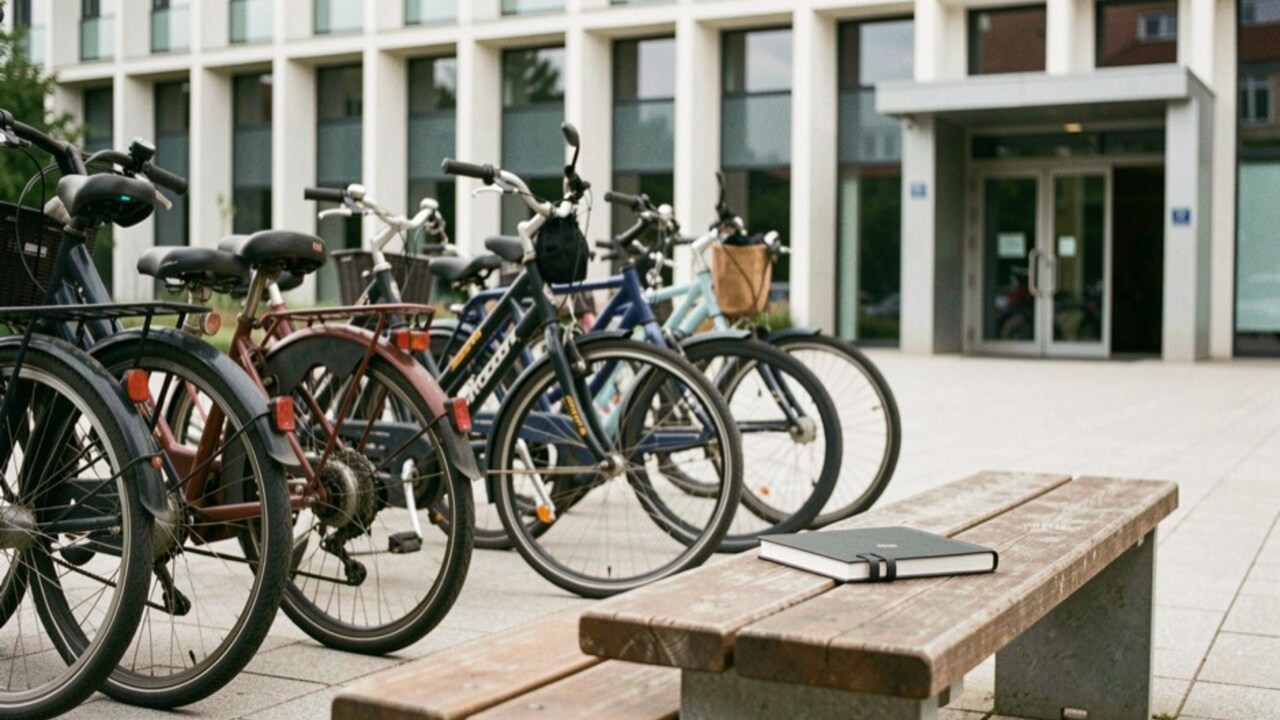 Rangée de vélos urbains devant un bâtiment public contemporain, carnet fermé sur un banc, sans écran, logo ni texte visible