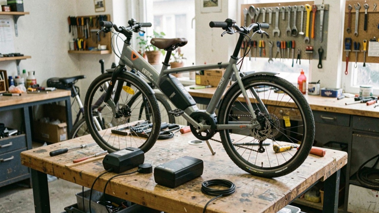 Vélo électrique urbain avec sa batterie amovible et son chargeur d'origine contrôlés sur un établi propre