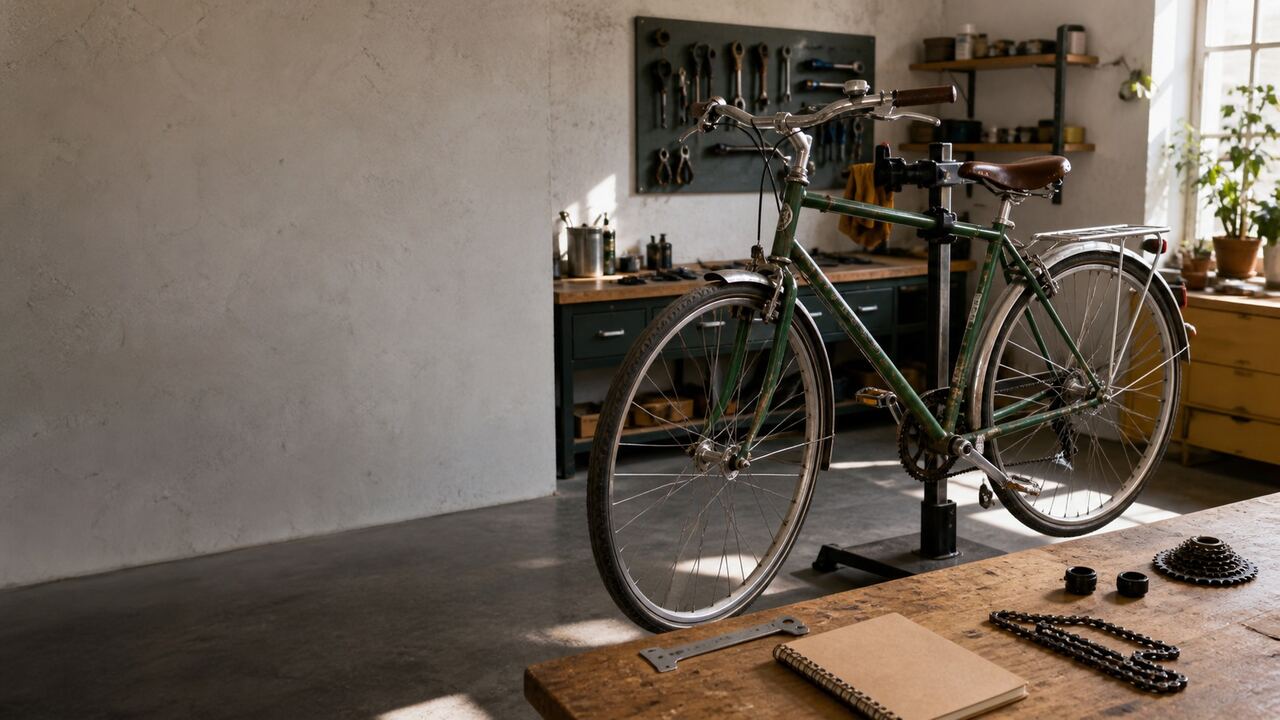 Vélo d'occasion posé sur un pied d'atelier avec outils, carnet et pièces d'usure autour du cadre