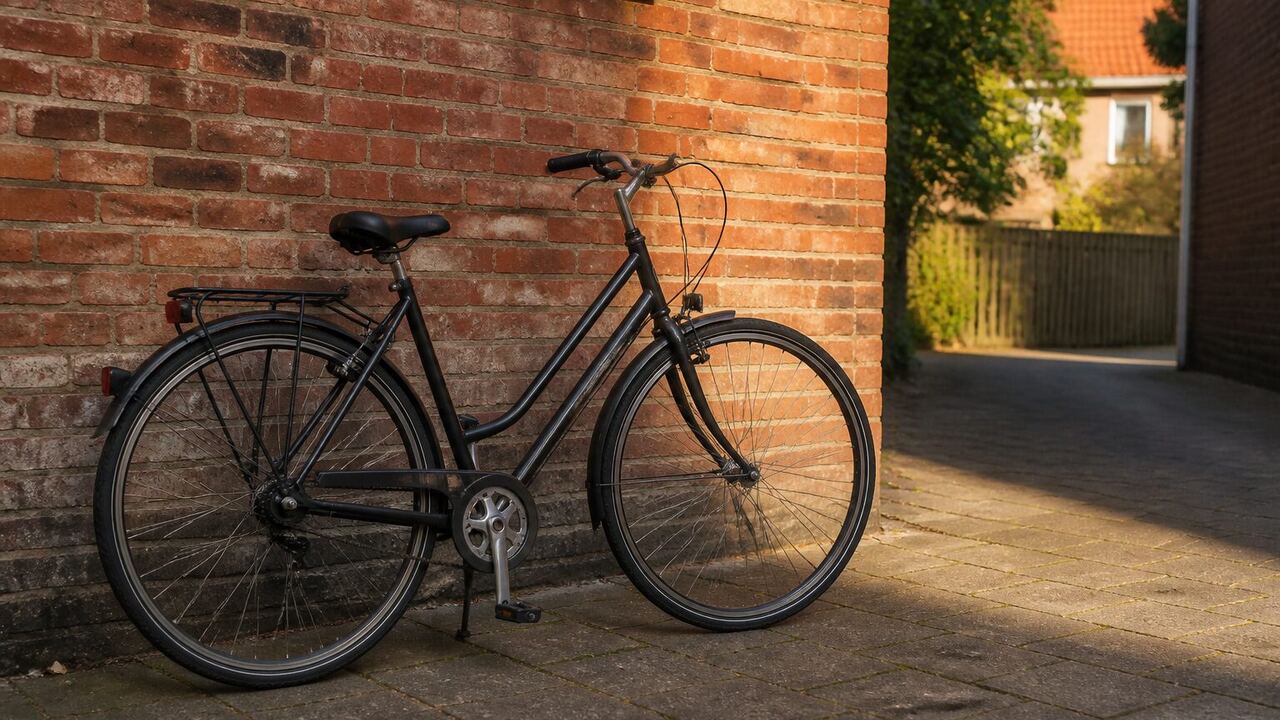 Vélo de ville d'occasion présenté devant un mur de briques sans logo visible